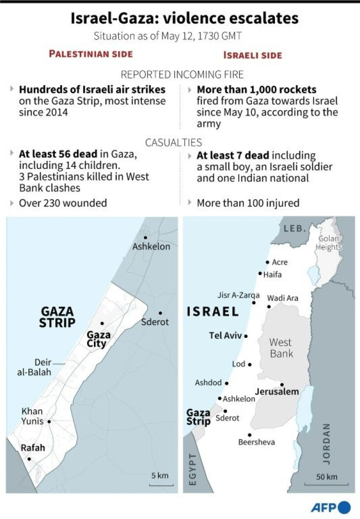 Map locating Israel and the Gaza Strip and the escalating hostilities there, situation as of May 12