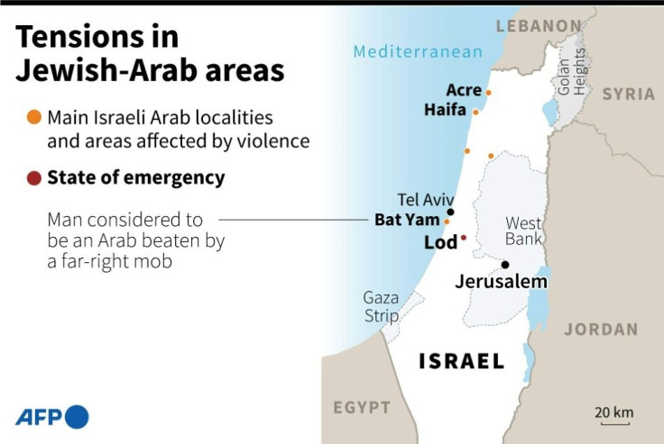 Map of Israel locating the main cities and areas where violence involving the Arab minority has broken out