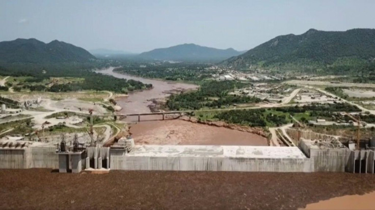 This picture from a video obtained from the Ethiopian Public Broadcaster (EBC) in July 2020 shows an aerial view of water levels at the Grand Ethiopian Renaissance Dam in Guba, Ethiopia which is the source of a dispute with Sudan and Egypt