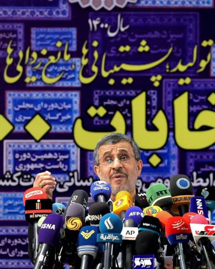 Iran's former president Mahmoud Ahmadinejad addresses the media on May 12, 2021 after registering his candidacy to run for office again