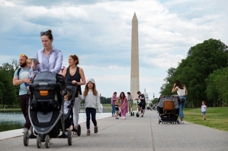 Tourists visit the National Mall in Washington, D.C. on May 14, 2021, which includes the Washington Monument obelisk