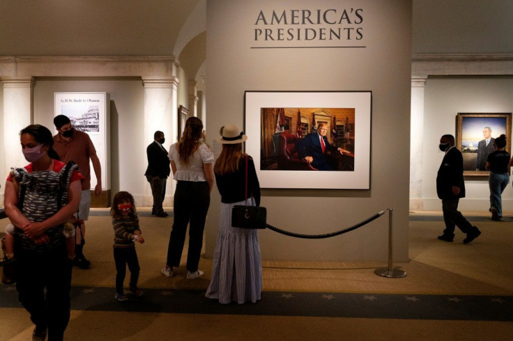 A photograph of former president Donald Trump is displayed in the Smithsonian National Portrait Gallery in Washington on May 14, 2021
