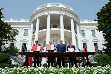 (L-R) The leaders of Bahrain, Israel and the UAE with then US president Donald Trump after the signing of the Abraham Accords