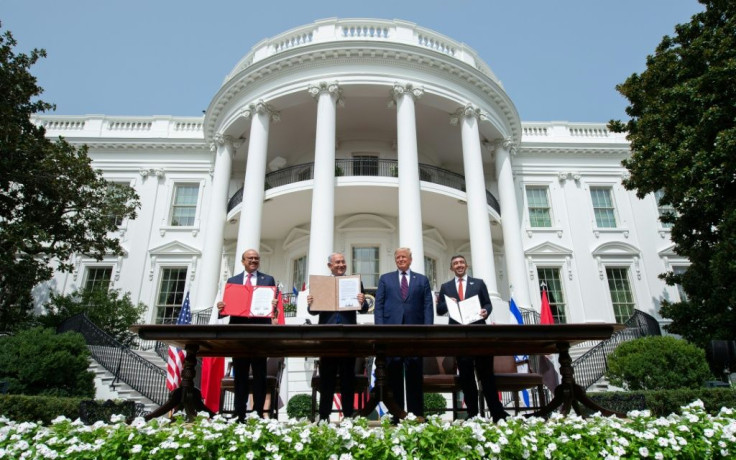 (L-R) The leaders of Bahrain, Israel and the UAE with then US president Donald Trump after the signing of the Abraham Accords