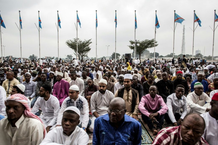 Muslim worshippers at the stadium in Kinshasa