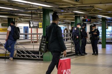 Police officers patrol New York's Union Square subway station on May 10, 2021