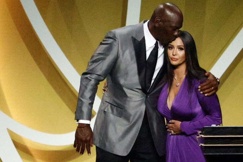 Vanessa Bryant is greeted by NBA icon Michael Jordan after speaking on behalf of Kobe Bryant during the Basketball Hall of Fame Enshrinement Ceremony at Mohegan Sun Arena in Uncasville, Connecticut