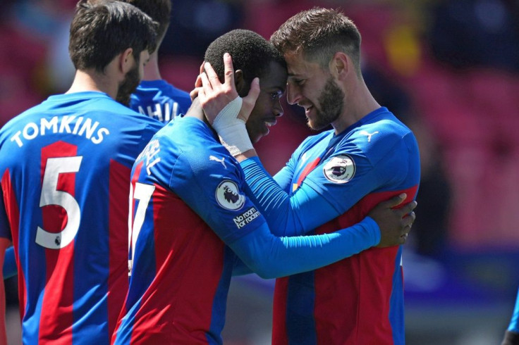 Palace coup - Crystal Palace's Tyrick Mitchell (C) celebrates with team-mate Joel Ward (R) after scoring their winner in a 3-2 victory over Aston Villa