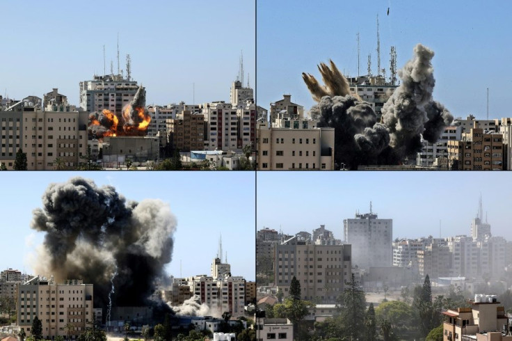 This combination of pictures shows the Jala Tower housing international media outlets in Gaza City being hit by an Israeli air strike and collapsing on May 15