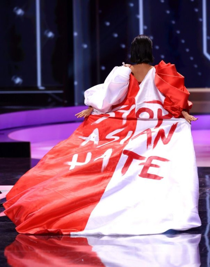 Miss Singapore Bernadette Belle Ong, pictured May 13, 2021, used her national costume to make a political statement at the Miss Universe competition
