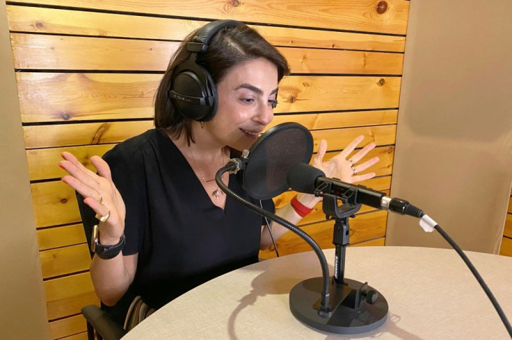 Lebanese physician Sandrine Attallah recording her podcast "Haki Sarih" in a studio in the Lebanese capital Beirut