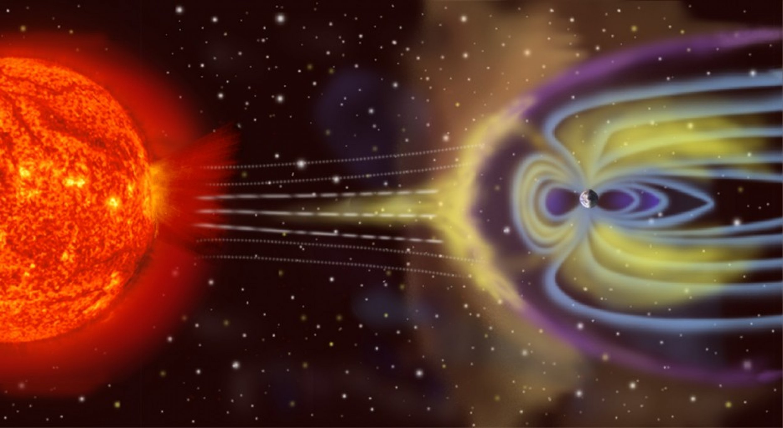 Artists depiction of solar wind colliding with Earths magnetosphere.