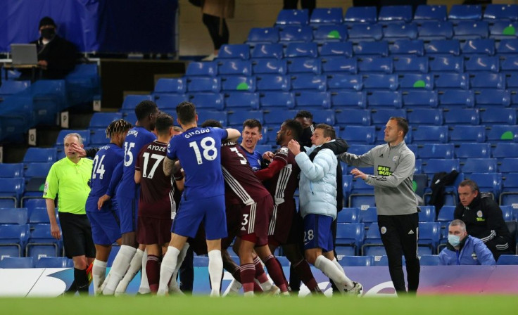 Familiarity breeds contempt: A fight involving players, substitutes and coaches from Chelsea and Leicester broke out in stoppage time
