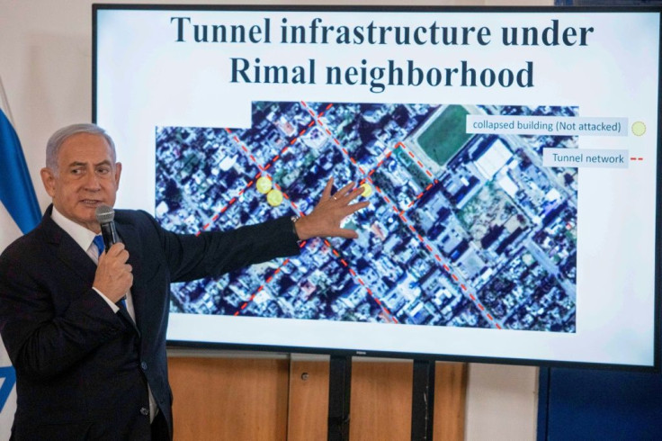 Israeli Prime Minister Benjamin Netanyahu discusses the military campaign during a briefing foo ambassadors to Israel at the Hakirya military base in Tel Aviv