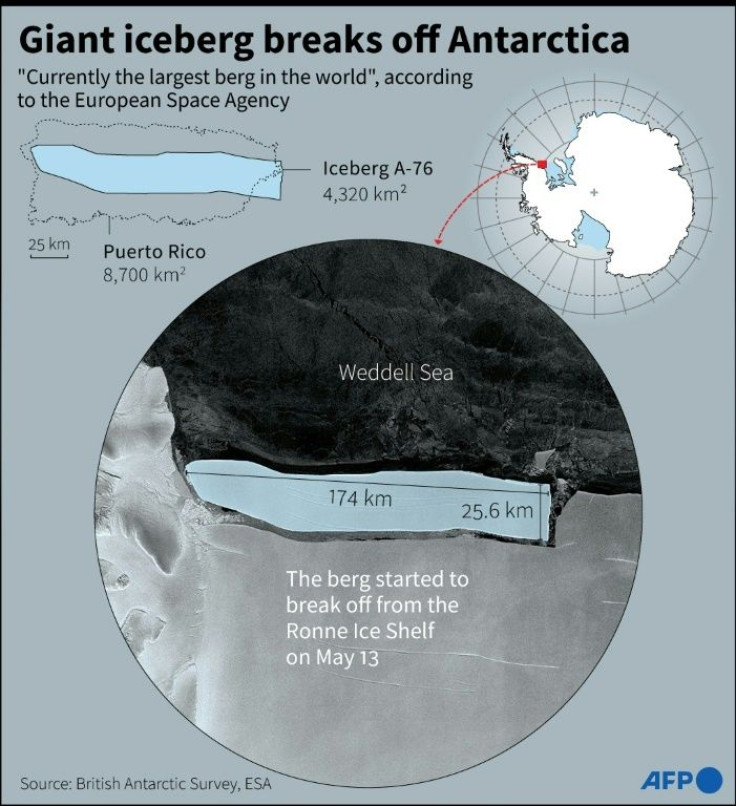Satellite photo of iceberg A-76, a gigantic block of ice measuring 4,320 km2, half the size of the island of Puerto Rico, which broke off from the Ronnes Ice Shelf in Antarctica