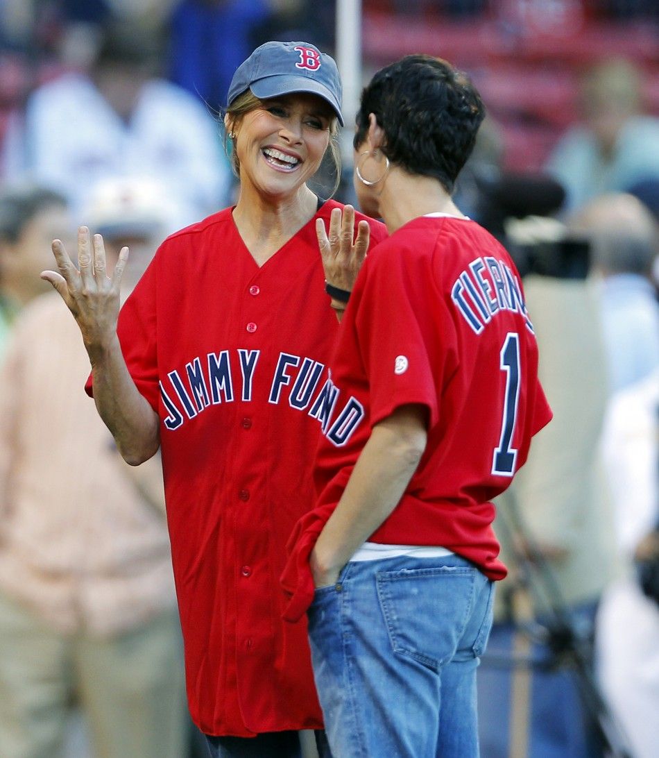 NBCs quotTodayquot show co-host Meredith Vieira facing camera speaks with actress Maura Tierney during pre-game ceremonies before the Boston Red Sox take on the Toronto Blue Jays during their MLB American League baseball game at Fenway Park in
