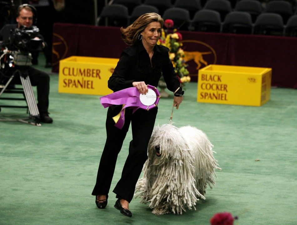 Meredith Vieira runs around the ring while showing a Komondor during a Today Show event on the second day of the 2009 Westminster Dog Show in New York February 10, 2009.