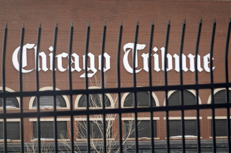 A sign hangs on the side of the one of the building that make up the Freedom Center, home to the Chicago Tribune, on February 17, 2021