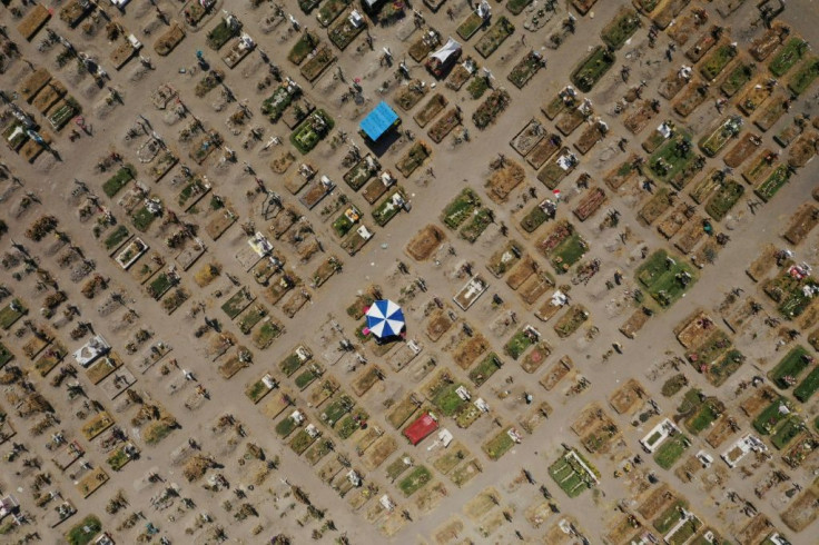 Aerial view of graves at a special area designated for COVID-19 victims at the Valle de Chalco graveyard in the State of Mexico