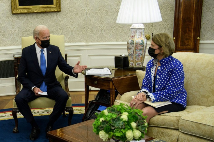 Shelley Moore Capito (right) is among a group of Republican Senators negotiating with US President Joe Biden (left) over his infrastructure bill