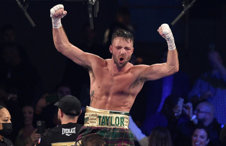 Scotland's Josh Taylor celebrates his win by unanimous decision over Jose Ramirez in their junior welterweight world unification title fight at Virgin Hotels Las Vegas