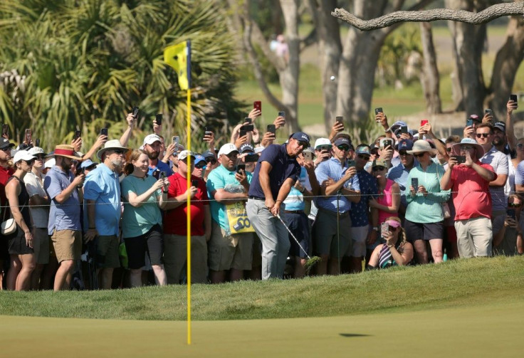 Phil Mickelson plays the seventh hole before a bevy of fans on the way to victory in the 2021 PGA Championship