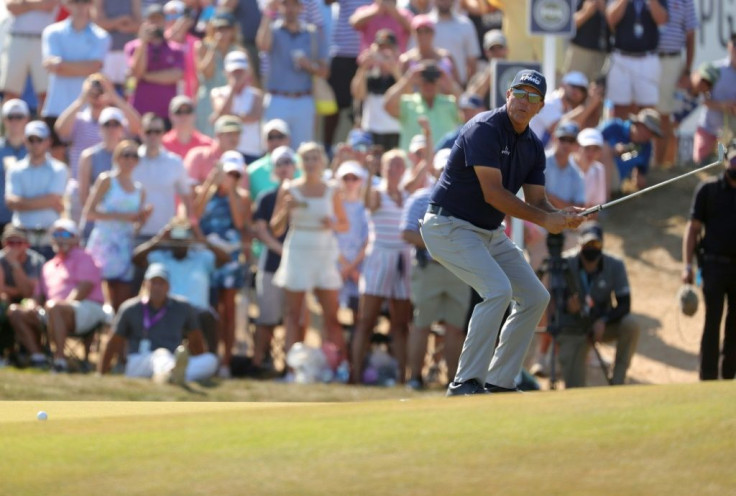 Phil Mickelson reacts to a missed birdie putt in the final round of his historic triumph in the 2021 PGA Championship