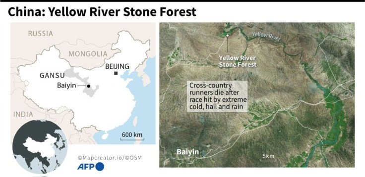 Map of China locating the Yellow River Stone Forest where a number of cross-country runners died Saturday when extremely cold weather struck.
