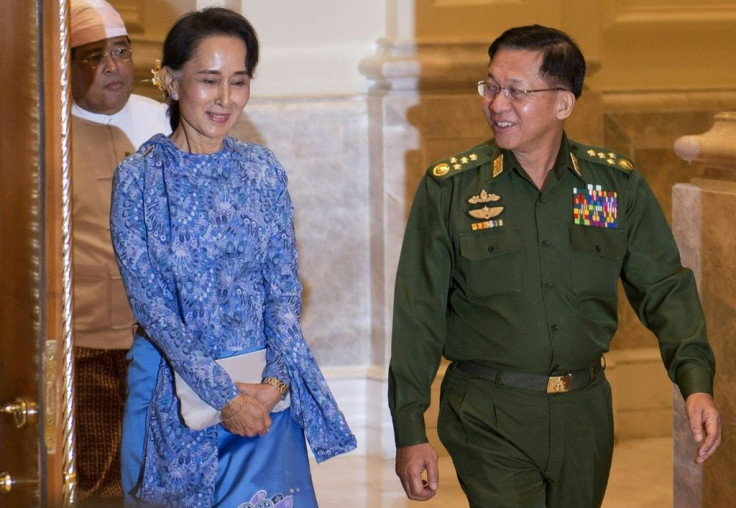 Junta leader Min Aung Hlaing, pictured next to Aung San Suu Kyi in 2016, has said he is not ready to adopt a consensus brokered last month by ASEAN to halt the violence in Myanmar