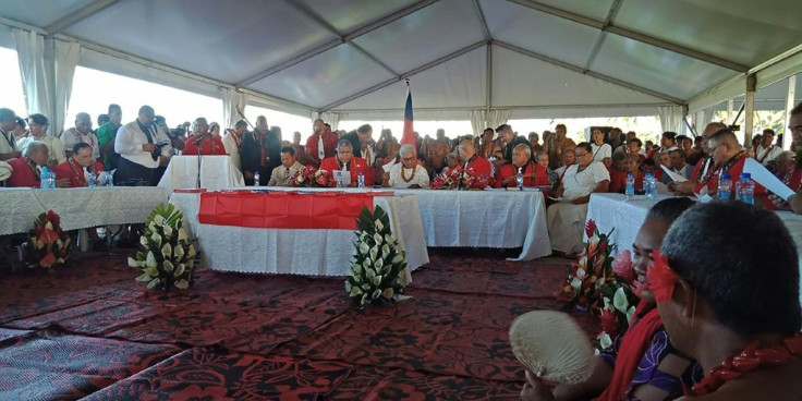 Fiame Naomi Mata'afa (seated C-in white) sat with members of parliament and the judiciary as she was sworn in as Samoa's first woman prime minister