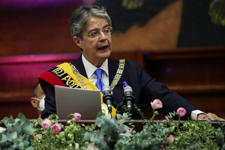 Ecuador's newly sworn-in President Guillermo Lasso deliver's a speech during his inauguration at the National Assembly in Quito