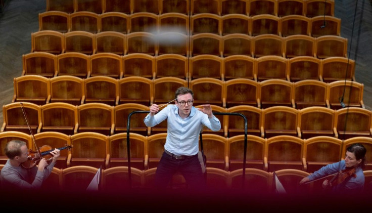 Conductor Daniel Harding rehearses with the Vienna Philharmonic Orchestra after cultural venues in Austria reopened on May 19