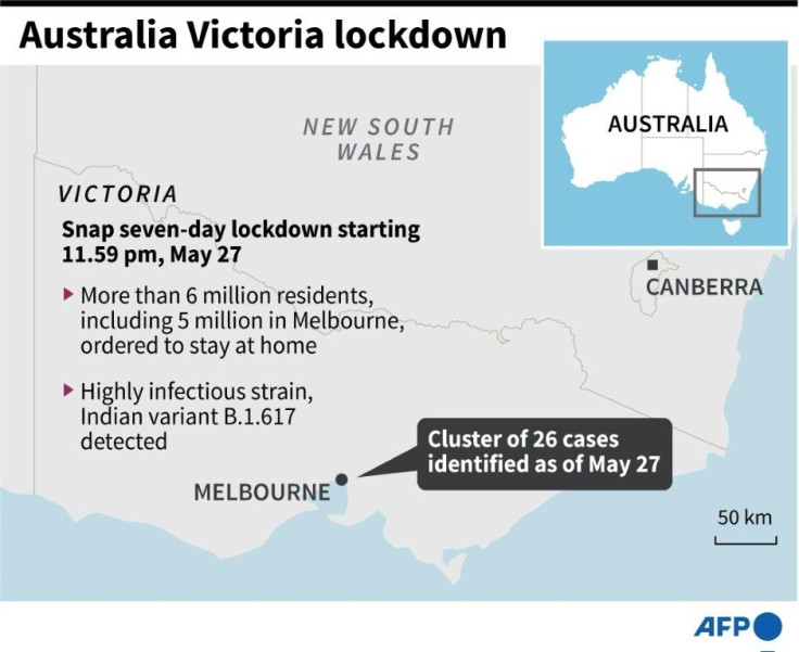 Map showing Victoria state, Australia where a 7-day snap lockdown has been announced May 27.