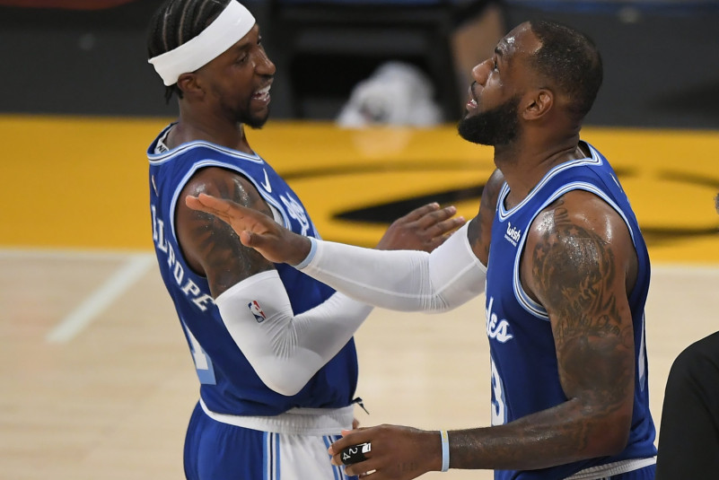 Kentavious Caldwell-Pope #1 and LeBron James #23 of the Los Angeles Lakers