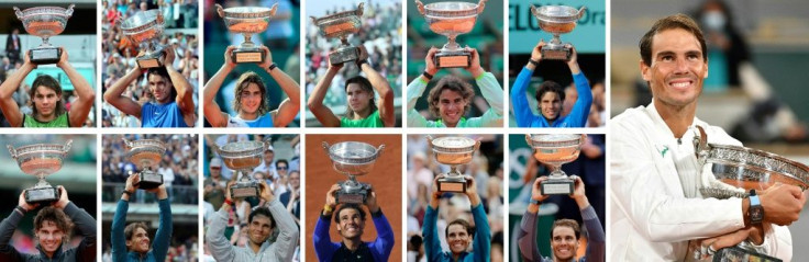 Thirteen of the best: This combination of pictures shows Rafael Nadal posing with the Mousquetaires Cup during his 13 victories at the French Open