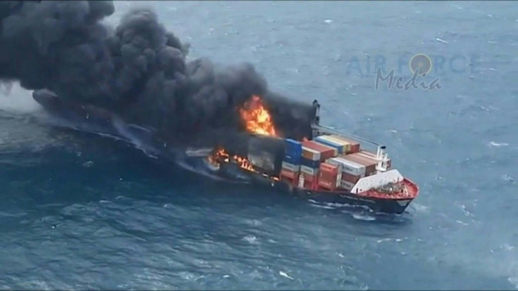 A Singapore-registered container carrier is engulfed in flames near Sri Lanka's capital Colombo after a chemical explosion, according to the Sri Lankan navy