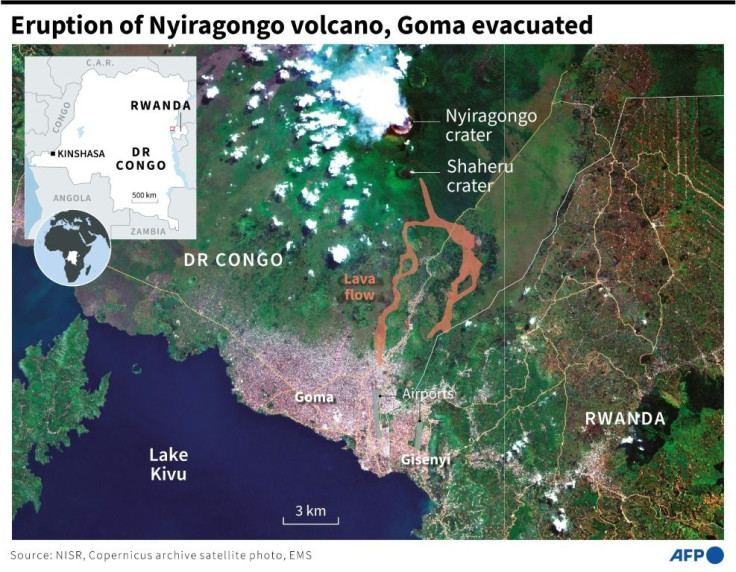 Satellite photo of the zone around the Nyiragongo volcano, showing lava flows towards the city of Goma