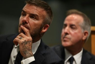 David Beckham and Jorge Mas (R), whose Inter Miami MLS club has been fined $2 million for roster and salary rules violations in the singing of French World Cup-winner Blaise Matiudi