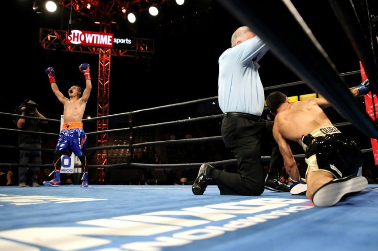 Filipino champion Nonito Donaire celebrates his fourth round knockout over France's Nordine Oubaali during their WBC World Bantamweight Championship fight in Los Angeles