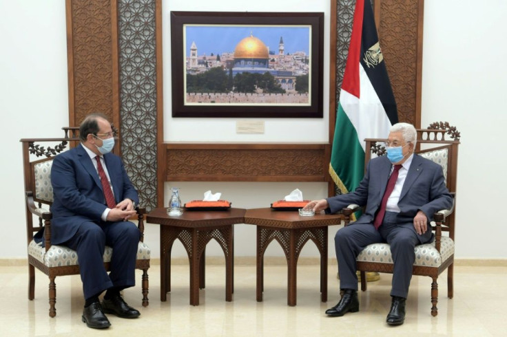 A picture provided by the Palestinian Authority on May 30 shows president Mahmud Abbas, on the right, meeting with Egypt's intelligence chief Abbas Kamel in the West Bank city of Ramallah
