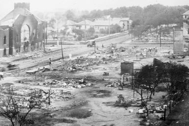 This June 1921 handout photo obtained May 19, 2021, courtesy of the Library of Congress, shows the aftermath of the burning of buildings, after the Tulsa Race Massacre in Tulsa, Oklahoma