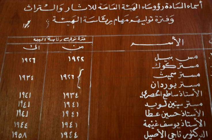 Bell tops a list of names of the chiefs of Iraq's antiquities and heritage authority, inscribed on a door at its Baghdad premises