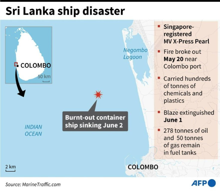Map locating the area off Sri Lanka's west coast where a burnt-out container ship started sinking on Wednesday.