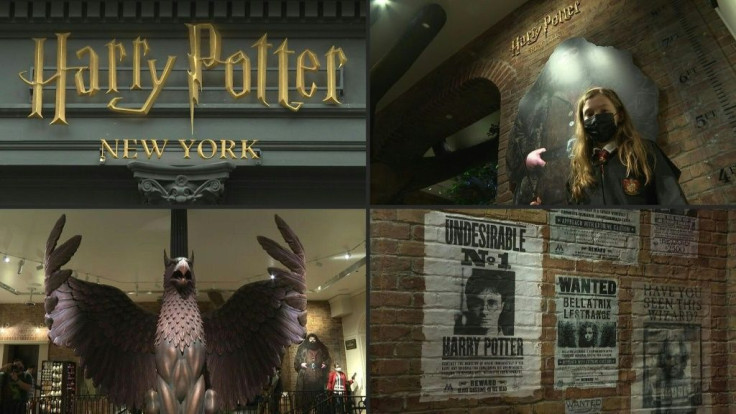 Fans queue for hours in heavy rain to be among the first inside New York's long-awaited Harry Potter store, hosting the largest collection of Potter products in the world.