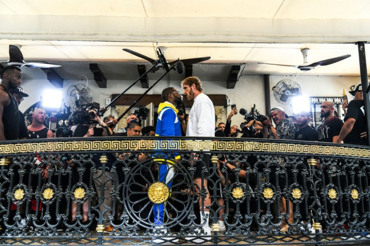 Former world welterweight king Floyd Mayweather and YouTube personality Logan Paul face-off during the media availability ahead of their June 6 exhibition boxing match