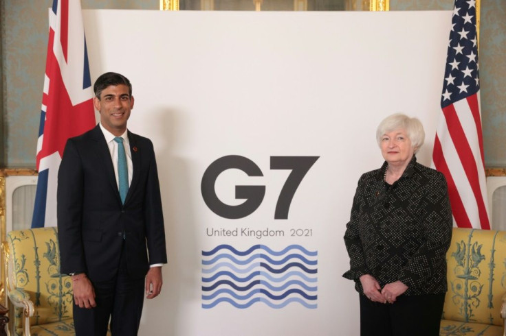 Britain's Chancellor of the Exchequer Rishi Sunak (L, with US Treasury Secretary Janet Yellen) is hosting the G7 meeting on plans for a minimum global level of corporate tax