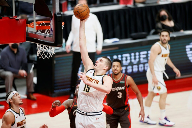 Denver's Nikola Jokic rises for a basket in the Nuggets' 126-115 victory over the Portland Trail Blazers that clinched their NBA playoffs first-round series