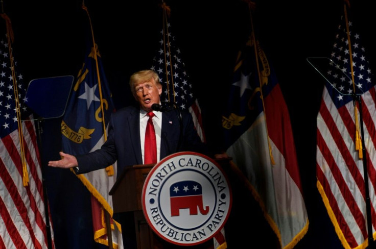 Former US president Donald Trump addresses the state Republican convention on June 5, 2021 in Greenville, North Carolina