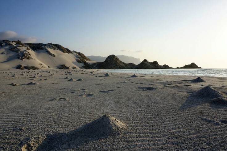 Mounds made by crabs are pictured on the white sands of Detwah Lagoon, on the far west of the Yemeni island of Socotra