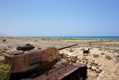 A Soviet-era tank rusts on the northern coast of the Yemeni island of Ghubbah